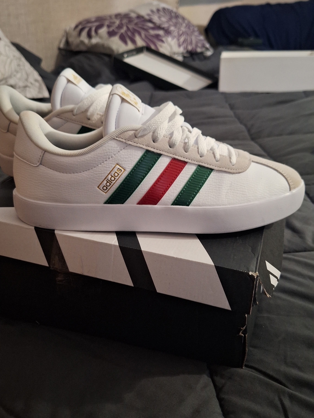adidas White Low-Top Sneakers with Green and Red Stripes